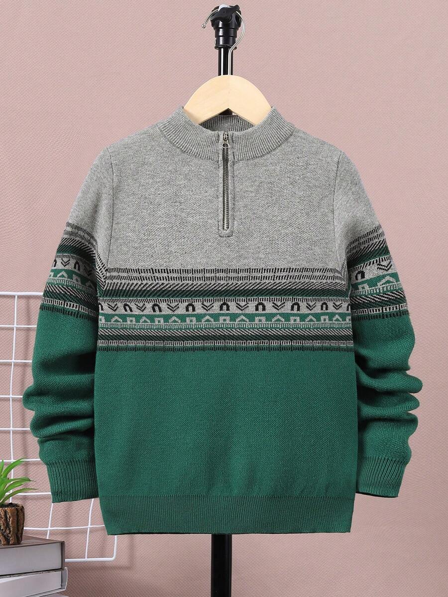 SHEIN Cậu bé Tween Mẫu Geo Dây kéo mặt trước Áo len - Nhiều màu - Xem 1