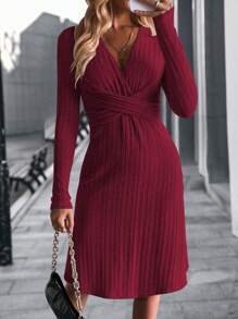 SHEIN Clasi Chất rắn Đan chéo Váy chữ A - Màu Đỏ Sâu - Xem 6