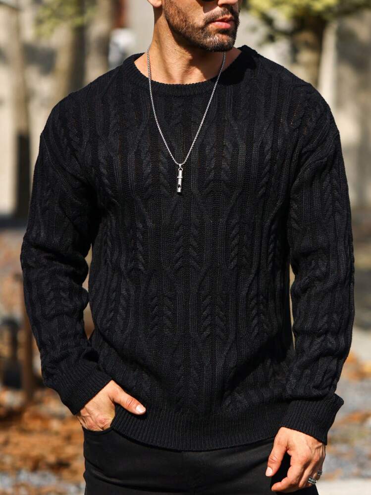 Manfinity Hombres Jersey unicolor tejido de cable - Negro - Añade 1