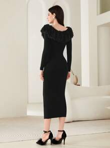 Modelyn Fuzzy Trim Bodycon Sweater Dress - Black - View 2