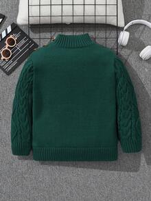 SHEIN 1 chiếc áo len dệt kim họa tiết xoắn thông thường dành cho bé trai có nút trang trí & cổ cao dày ấm áp, thích hợp cho các dịp ở nhà/thường ngày/đường phố/đi học, mùa thu/đông - Màu xanh lá cây đậm - Xem 2