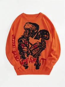 SHEIN Coolane 骷髏&字母圖案套頭毛衣 - 橘色 - 查看 5