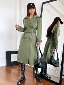 SHEIN Unity Double Breasted Belted Trench Coat - Army Green - View 4