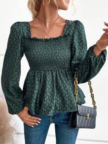 SHEIN VCAY Square Neck Lantern Sleeve Peplum Blouse - Dark Green - View 1
