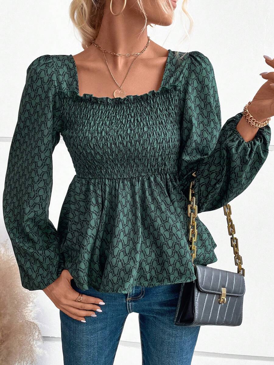 SHEIN VCAY Square Neck Lantern Sleeve Peplum Blouse - Dark Green - View 1