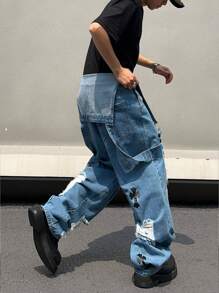 Manfinity Pantalones De Mezclilla Anchos De Pierna Ancha Para Hombre Rasgados Y Desgastados Con Patrón Cruzado Y Tamaño Grande - Lavado ligero - Ver 6