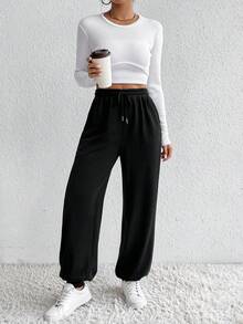 SHEIN Unity Solid Drawstring Waist Sweatpants - Black - View 5