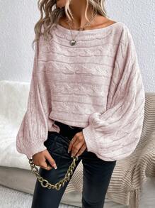 SHEIN Essnce Boat Neck Batwing Sleeve Cable Knit Sweater - Pink - View 4