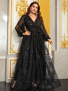 YISIKADO Plus Size Sequin Women Chiffon Dress Deep V Neck Tie Front Long Sleeve Prom Party Dress Wedding Guest Birthday Banquet Graduation Anniversary Dinner Celebration Ceremonial Dress Formal Dress Evening Dress - Black - View 3