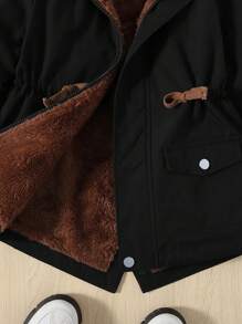 SHEIN Young Boy Letter Patched Detail Teddy Lined Hooded Coat - Black - View 4