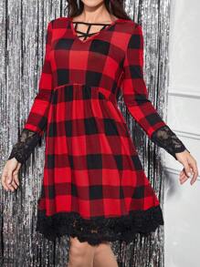 SHEIN Clasi 格紋印花拼接蕾絲下擺洋裝 - 彩色 - 查看 4