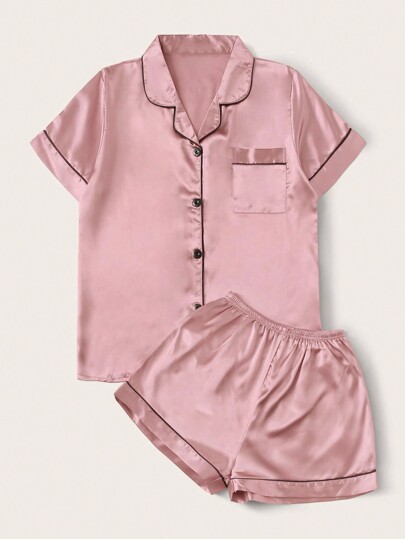 Contrast Piping Satijnen PJ Set Pajama view 3