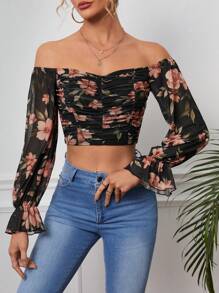 SHEIN VCAY Floral Print Off Shoulder Ruched Crop Top - Black - View 5