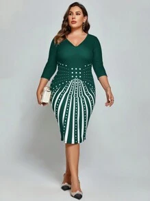 SHEIN Clasi Hơn In vết tròn Polka Váy bodycon - Màu xanh lá cây đậm - Xem 1