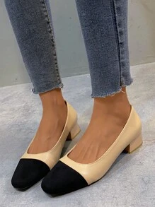 方頭粗跟PU皮革高跟鞋 - 杏色 - 查看 1