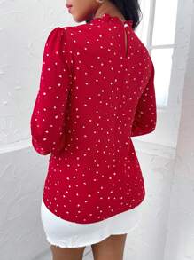 SHEIN Lady Heart Print Frill Trim Lantern Sleeve Blouse - Red - View 2