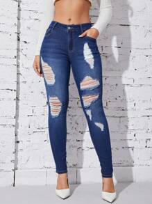 破洞緊身牛仔褲 - 深色水洗藍 - 查看 1