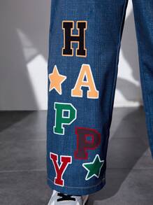 SHEIN Cậu bé Tween Đồ họa Chữ cái quần ống rộng Quần yếm Không có áo len - Nhiều màu - Xem 4