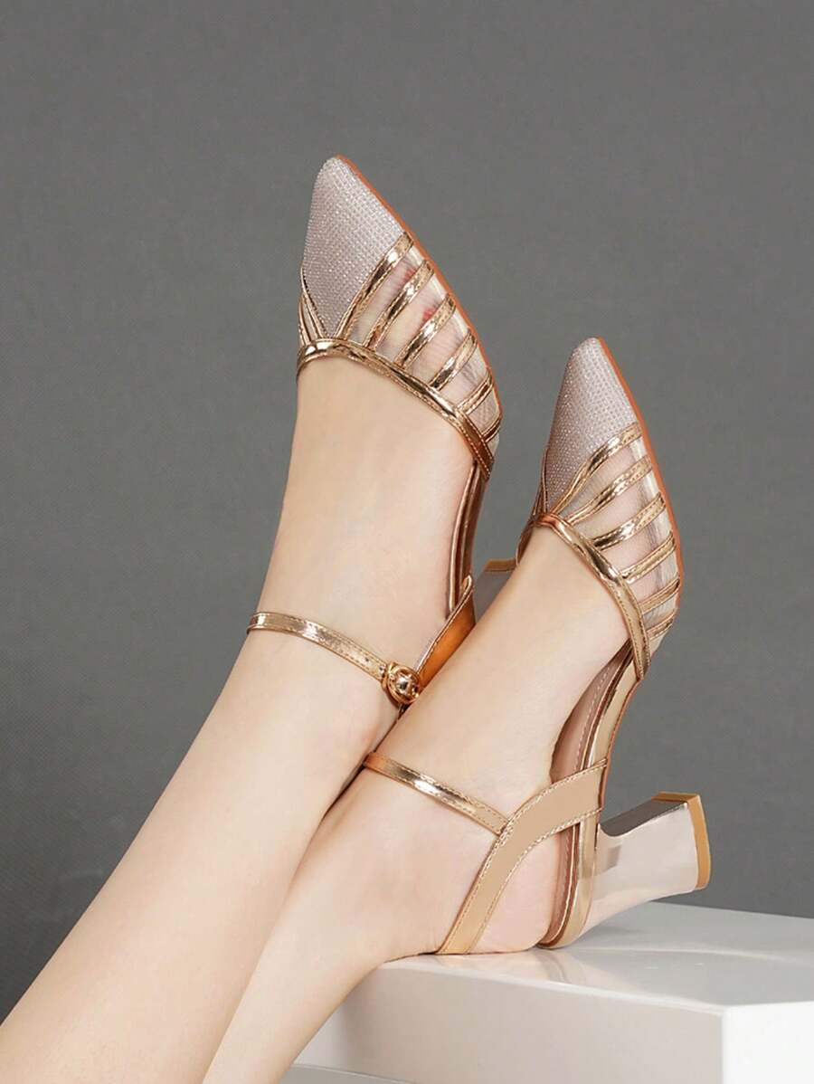 女士网眼包头粗跟凉鞋，夏季尖头带扣镂空鞋，时尚舒适