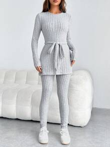 SHEIN EZwear 純色腰帶t恤和緊身褲 - 淺灰色 - 查看 2