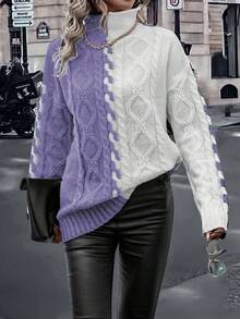 SHEIN LUNE Two Tone High Neck Cable Knit Drop Shoulder Sweater - Mauve Purple - View 3