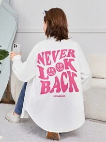 SHEIN 女性青少年提花純色後背字母圖案長袖襯衫 - 白色 - 查看 1