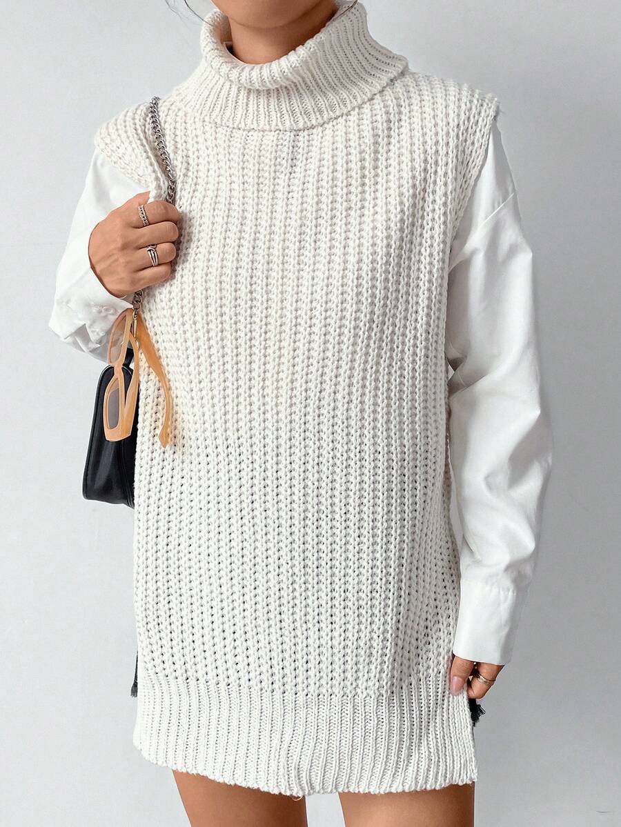 SHEIN Unity Turtleneck Split Hem Sweater Vest Without Blouse - Apricot - View 1