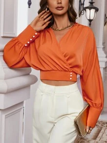 SHEIN Clasi 交疊領紐扣細節短款襯衫 - 橘色 - 查看 5