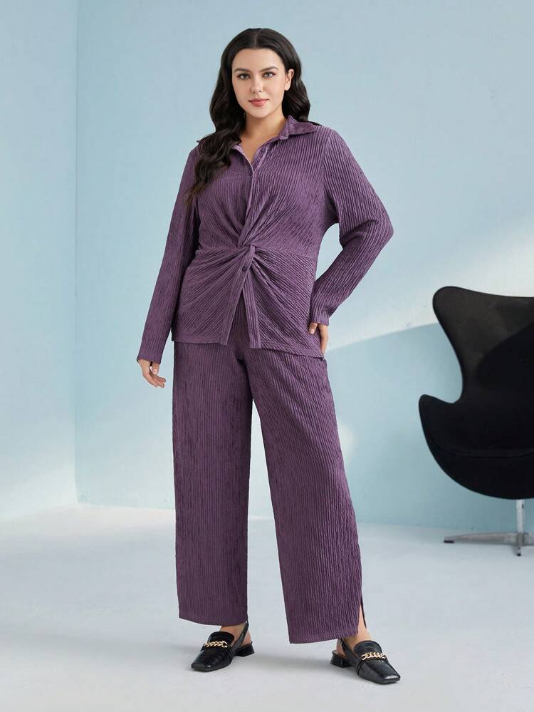 Plus Twist Front Shirt & Wide Leg Pants 2 Piece Set