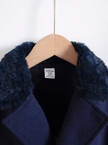 SHEIN Tween 女童时尚优雅羊毛材质拼接毛领系带大衣秋冬季 - 藏蓝色 - 查看 3