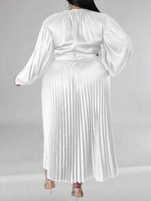 大碼素色百褶下擺緞面洋裝 - 白色 - 查看 2