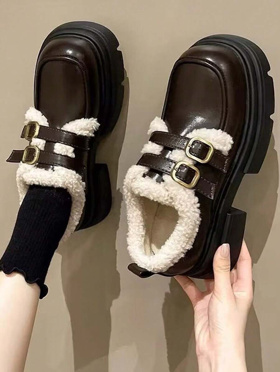 Nền tảng tối giản Giày Mary Jane, Giày lười đế dày màu đen phong cách Preppy Màu trơn cho nữ - màu đen - Xem 1