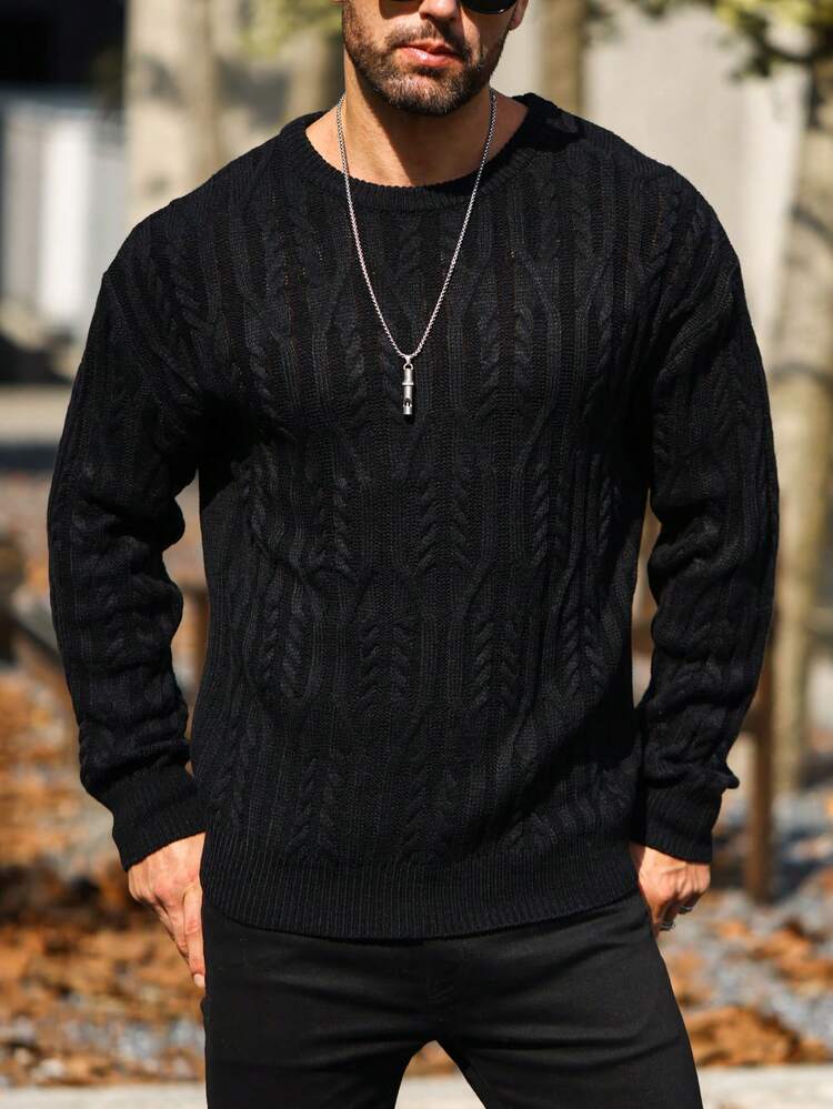 Manfinity Hombres Jersey unicolor tejido de cable - Negro - Añade 3