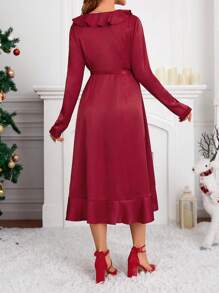 SHEIN Thai sản 1 Miếng Viền Ruffle Bọc Nút ven Đầm - Màu Đỏ Sâu - Xem 2