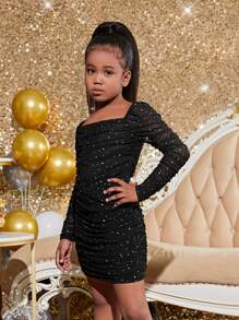 SHEIN Ragazza Tween 1 pezzo Abiti collo quadrato plissettato paillettes mesh