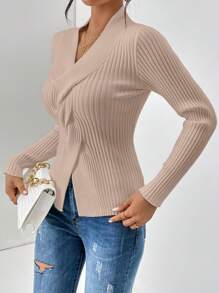 SHEIN Unity 前扭結條紋針織下擺開叉套頭毛衣 - 杏色 - 查看 4