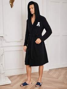 Nam Lá thư Đổ xô áo có mũ Áo choàng thắt lưng - màu đen - Xem 6