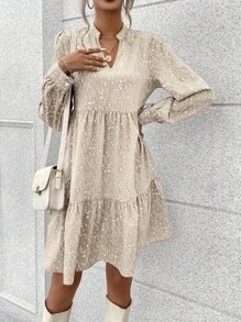 SHEIN VCAY Allover Print Notched Neckline Ruffle Hem Smock Dress - Apricot - View 1