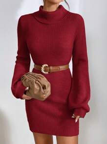 SHEIN Privé Turtleneck Lantern Sleeve Sweater Dress Without Belt In Fall/Winter - Red - View 5