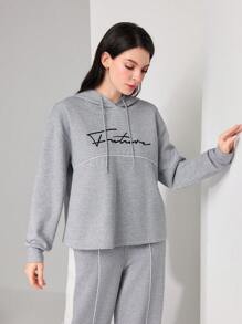Mulvari Capucha con estampado de letra de hombros caídos con cordón - Gris - Ver 4