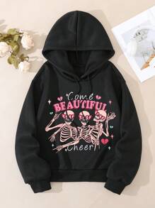 SHEIN EZwear Bộ xương & Đồ họa Chữ cái Dây rút Lót nhiệt Hoodie - màu đen - Xem 1
