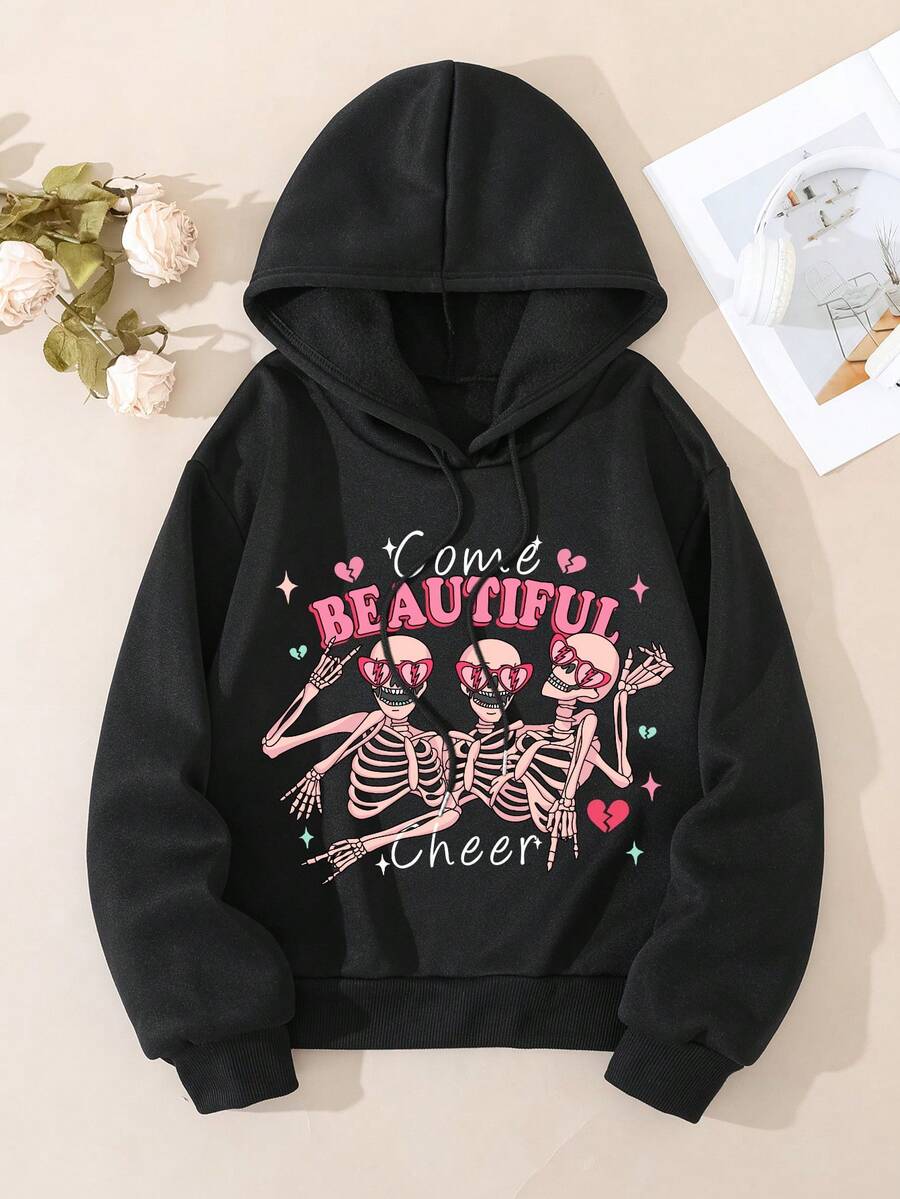 SHEIN EZwear Bộ xương & Đồ họa Chữ cái Dây rút Lót nhiệt Hoodie - màu đen - Xem 1