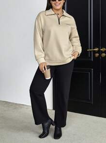 SHEIN Essnce Plus Letter Embroidery Half Zip Drop Shoulder Sweatshirt - Apricot - View 5