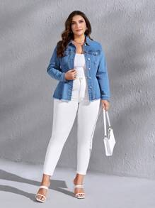 EMERY ROSE Hơn Túi có nắp Cắt Thô Áo khoác denim - Rửa trung bình - Xem 3