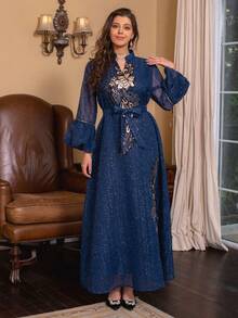 SISKAKIA Váy dài dự tiệc ngày lễ Abaya cho phụ nữ Hồi giáo cổ đứng khoét kim sa tay áo cánh hoa có thắt lưng - Màu xanh hải quân - Xem 4