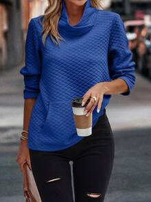 SHEIN Clasi Chất rắn Cổ cao Túi kangaroo Áo thun - Xanh đậm - Xem 4