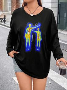 Flirla Hơn Đồ họa Hình & Chữ cái Áo thun Thả vai - màu đen - Xem 5