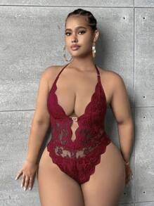 SHEIN SXY 大碼花卉蕾絲貝殼邊露背繞頸連身背心 - 紅色 - 查看 1