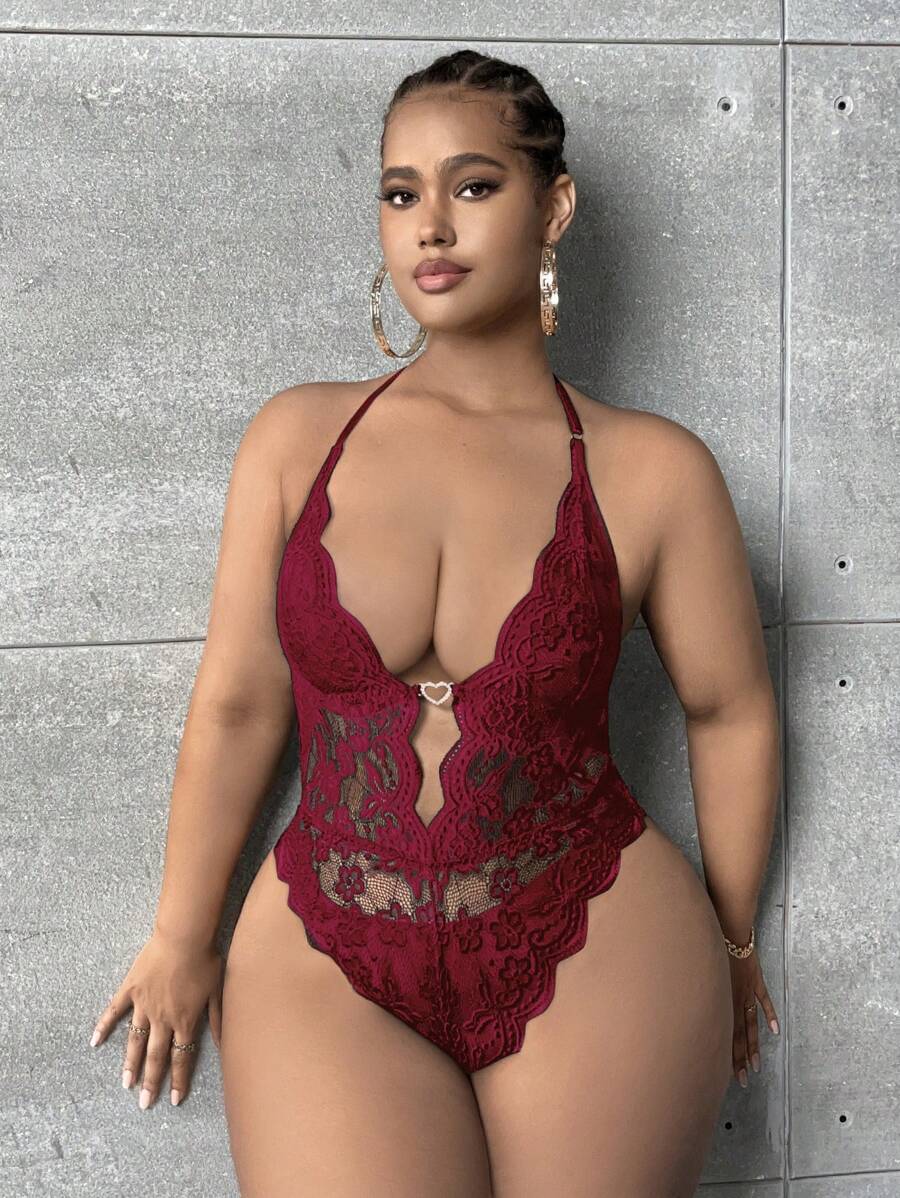 SHEIN SXY 大碼花卉蕾絲貝殼邊露背繞頸連身背心 - 紅色 - 查看 1