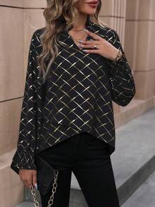 SHEIN EZwear Vàng In Argyle Shirred Cuff Áo sơ mi - màu đen - Xem 4